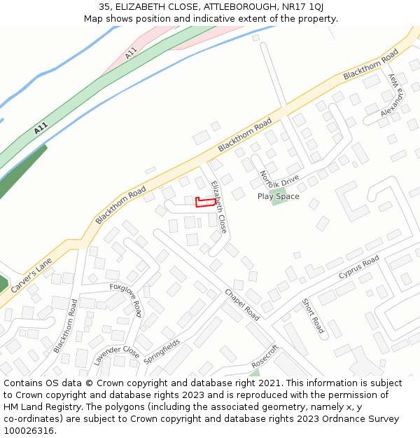 35, ELIZABETH CLOSE, ATTLEBOROUGH, NR17 1QJ: Location map and indicative extent of plot