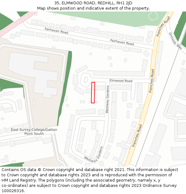35, ELMWOOD ROAD, REDHILL, RH1 2JD: Location map and indicative extent of plot
