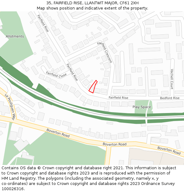 35, FAIRFIELD RISE, LLANTWIT MAJOR, CF61 2XH: Location map and indicative extent of plot