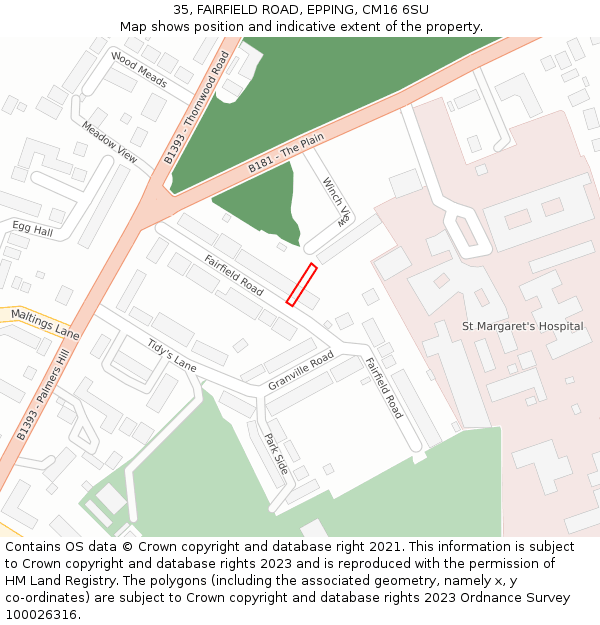 35, FAIRFIELD ROAD, EPPING, CM16 6SU: Location map and indicative extent of plot