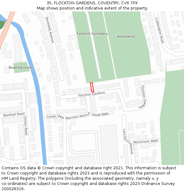 35, FLOCKTON GARDENS, COVENTRY, CV6 7PX: Location map and indicative extent of plot