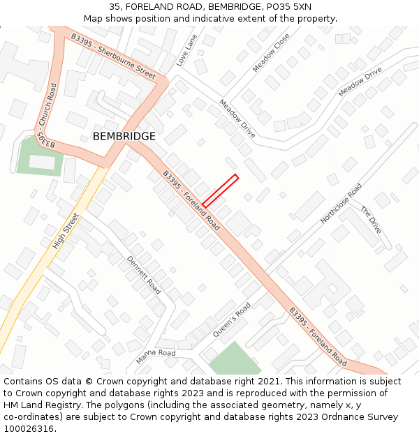 35, FORELAND ROAD, BEMBRIDGE, PO35 5XN: Location map and indicative extent of plot