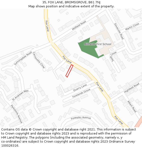 35, FOX LANE, BROMSGROVE, B61 7NJ: Location map and indicative extent of plot