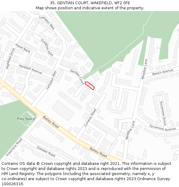 35, GENTIAN COURT, WAKEFIELD, WF2 0FE: Location map and indicative extent of plot