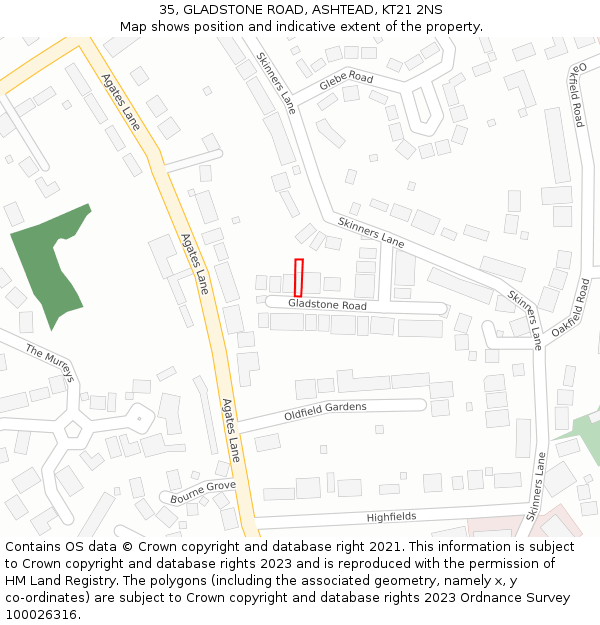 35, GLADSTONE ROAD, ASHTEAD, KT21 2NS: Location map and indicative extent of plot