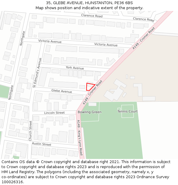 35, GLEBE AVENUE, HUNSTANTON, PE36 6BS: Location map and indicative extent of plot
