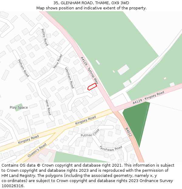 35, GLENHAM ROAD, THAME, OX9 3WD: Location map and indicative extent of plot