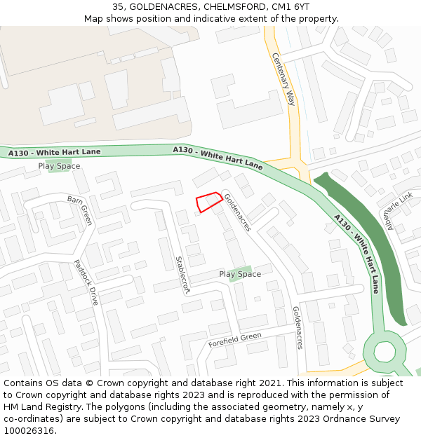 35, GOLDENACRES, CHELMSFORD, CM1 6YT: Location map and indicative extent of plot
