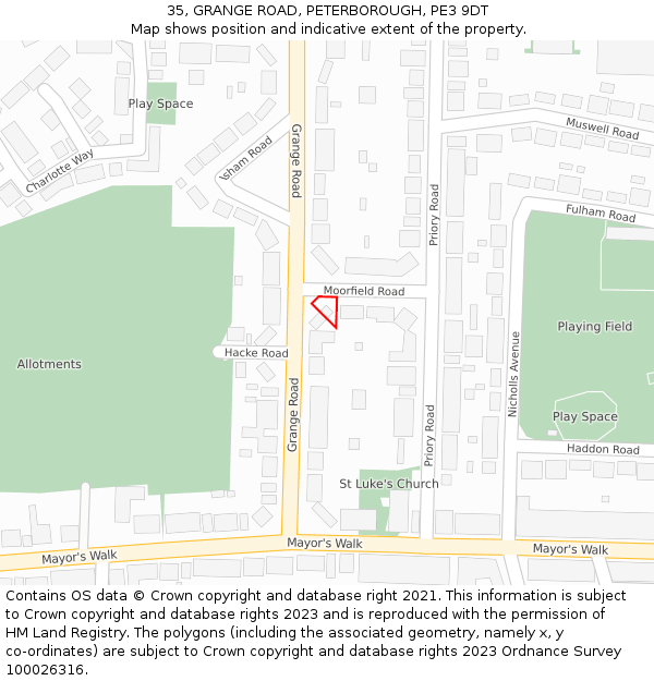 35, GRANGE ROAD, PETERBOROUGH, PE3 9DT: Location map and indicative extent of plot