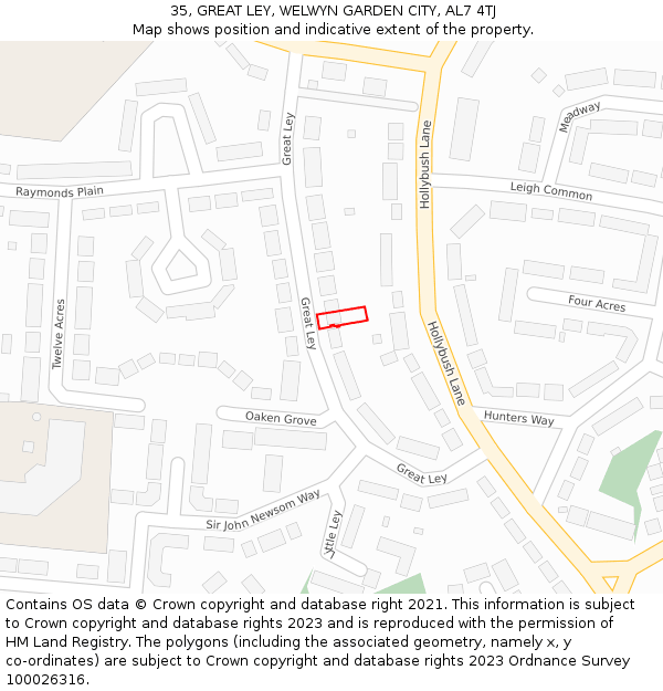 35, GREAT LEY, WELWYN GARDEN CITY, AL7 4TJ: Location map and indicative extent of plot