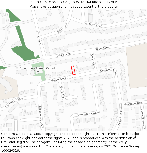 35, GREENLOONS DRIVE, FORMBY, LIVERPOOL, L37 2LX: Location map and indicative extent of plot