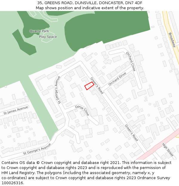35, GREENS ROAD, DUNSVILLE, DONCASTER, DN7 4DF: Location map and indicative extent of plot