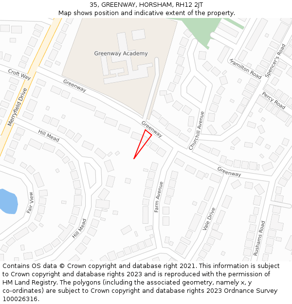 35, GREENWAY, HORSHAM, RH12 2JT: Location map and indicative extent of plot