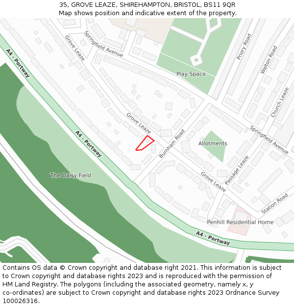 35, GROVE LEAZE, SHIREHAMPTON, BRISTOL, BS11 9QR: Location map and indicative extent of plot