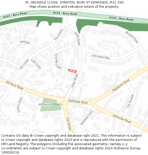 35, GRUNDLE CLOSE, STANTON, BURY ST EDMUNDS, IP31 2XD: Location map and indicative extent of plot