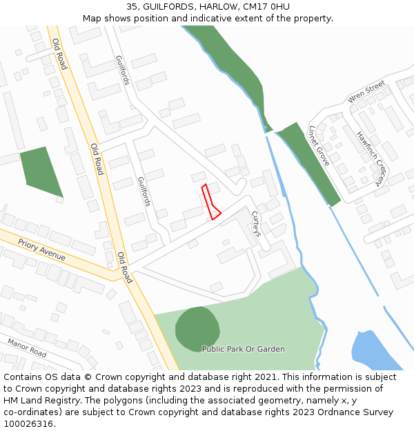 35, GUILFORDS, HARLOW, CM17 0HU: Location map and indicative extent of plot