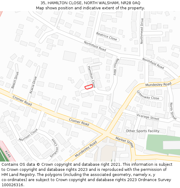 35, HAMILTON CLOSE, NORTH WALSHAM, NR28 0AQ: Location map and indicative extent of plot