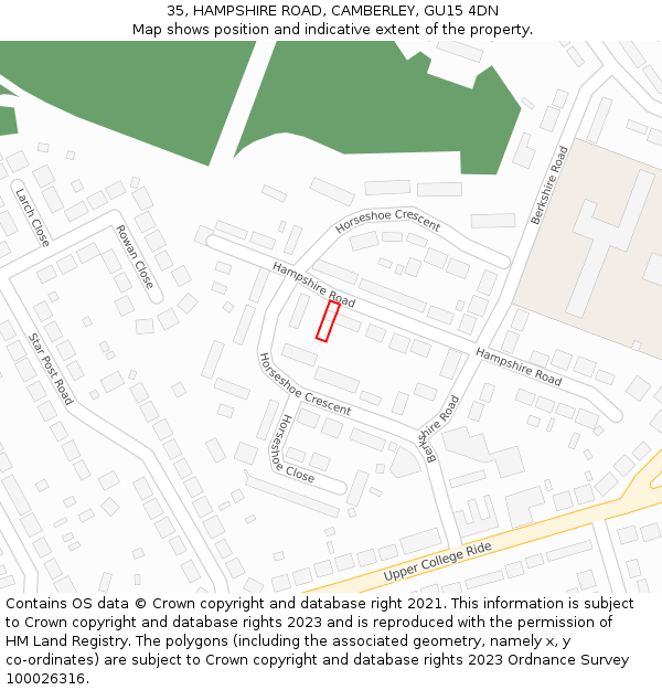 35, HAMPSHIRE ROAD, CAMBERLEY, GU15 4DN: Location map and indicative extent of plot