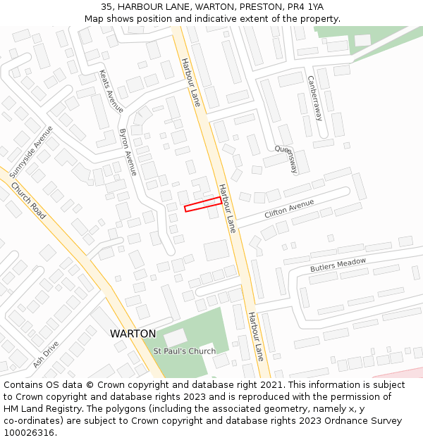 35, HARBOUR LANE, WARTON, PRESTON, PR4 1YA: Location map and indicative extent of plot