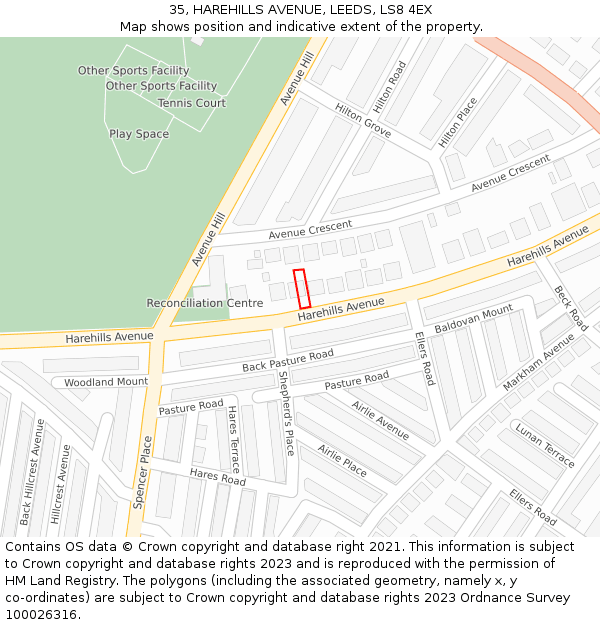 35, HAREHILLS AVENUE, LEEDS, LS8 4EX: Location map and indicative extent of plot