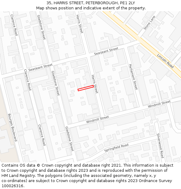 35, HARRIS STREET, PETERBOROUGH, PE1 2LY: Location map and indicative extent of plot