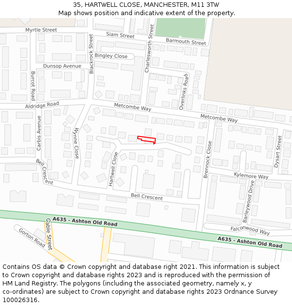 35, HARTWELL CLOSE, MANCHESTER, M11 3TW: Location map and indicative extent of plot