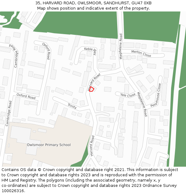 35, HARVARD ROAD, OWLSMOOR, SANDHURST, GU47 0XB: Location map and indicative extent of plot