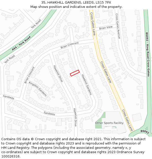 35, HAWKHILL GARDENS, LEEDS, LS15 7PX: Location map and indicative extent of plot