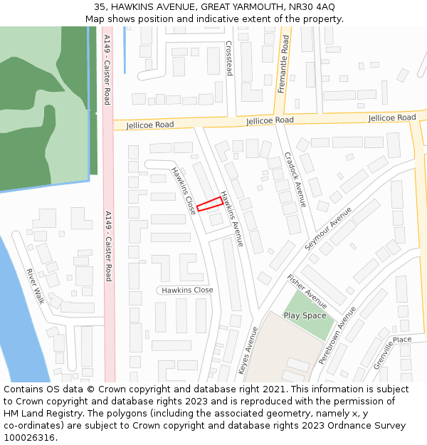 35, HAWKINS AVENUE, GREAT YARMOUTH, NR30 4AQ: Location map and indicative extent of plot
