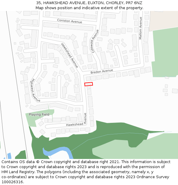 35, HAWKSHEAD AVENUE, EUXTON, CHORLEY, PR7 6NZ: Location map and indicative extent of plot