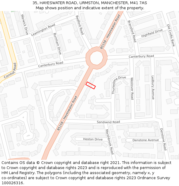 35, HAYESWATER ROAD, URMSTON, MANCHESTER, M41 7AS: Location map and indicative extent of plot