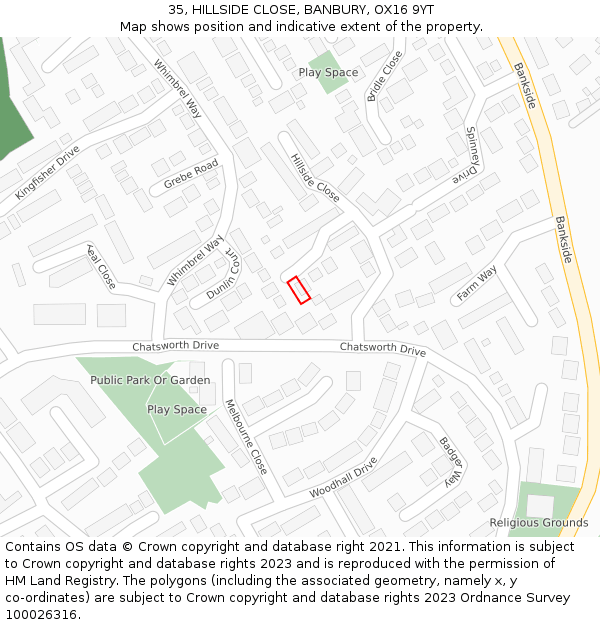 35, HILLSIDE CLOSE, BANBURY, OX16 9YT: Location map and indicative extent of plot