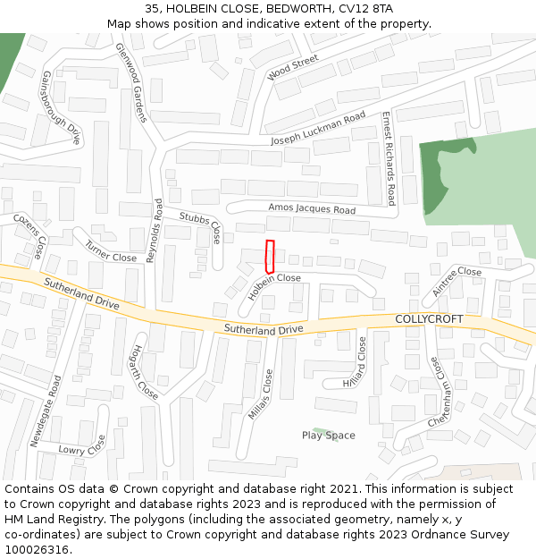 35, HOLBEIN CLOSE, BEDWORTH, CV12 8TA: Location map and indicative extent of plot