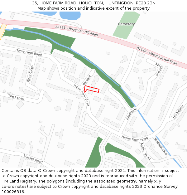 35, HOME FARM ROAD, HOUGHTON, HUNTINGDON, PE28 2BN: Location map and indicative extent of plot