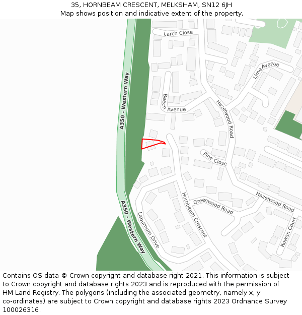 35, HORNBEAM CRESCENT, MELKSHAM, SN12 6JH: Location map and indicative extent of plot
