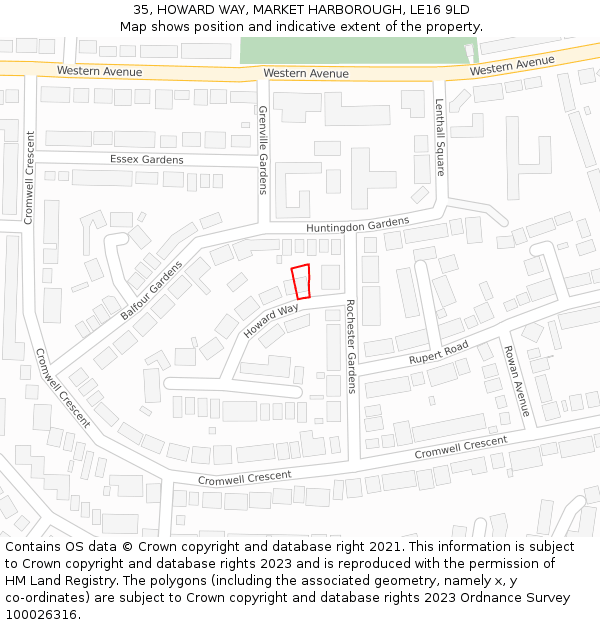 35, HOWARD WAY, MARKET HARBOROUGH, LE16 9LD: Location map and indicative extent of plot
