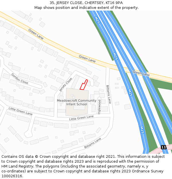 35, JERSEY CLOSE, CHERTSEY, KT16 9PA: Location map and indicative extent of plot