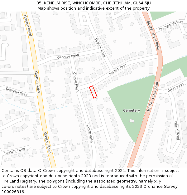 35, KENELM RISE, WINCHCOMBE, CHELTENHAM, GL54 5JU: Location map and indicative extent of plot