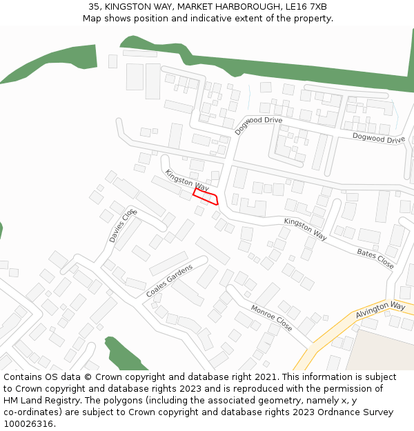 35, KINGSTON WAY, MARKET HARBOROUGH, LE16 7XB: Location map and indicative extent of plot