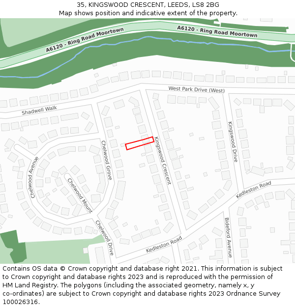 35, KINGSWOOD CRESCENT, LEEDS, LS8 2BG: Location map and indicative extent of plot