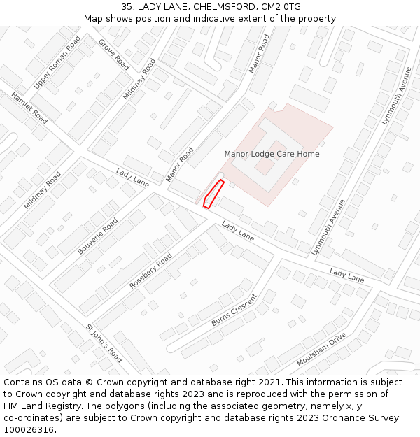 35, LADY LANE, CHELMSFORD, CM2 0TG: Location map and indicative extent of plot