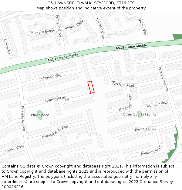 35, LAWNSFIELD WALK, STAFFORD, ST16 1TS: Location map and indicative extent of plot