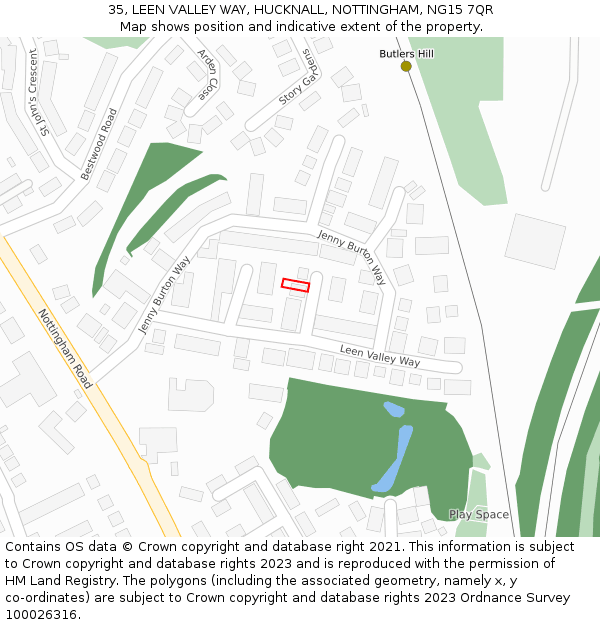 35, LEEN VALLEY WAY, HUCKNALL, NOTTINGHAM, NG15 7QR: Location map and indicative extent of plot