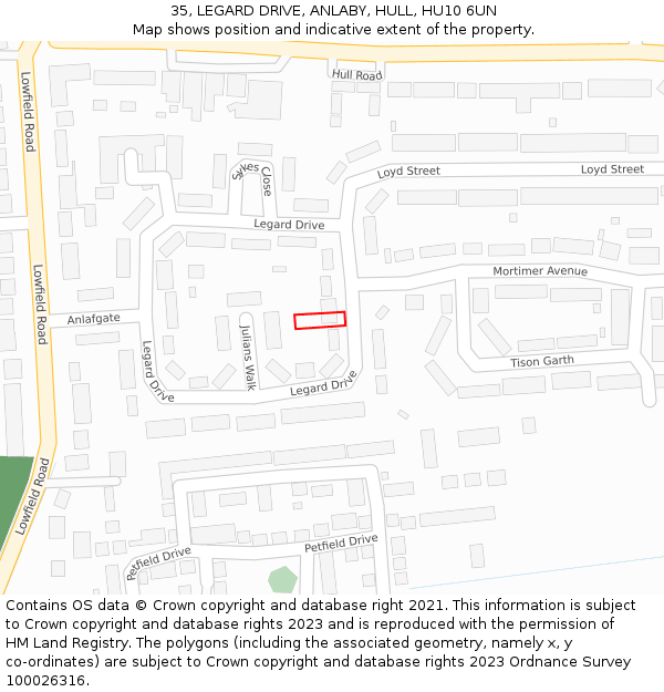35, LEGARD DRIVE, ANLABY, HULL, HU10 6UN: Location map and indicative extent of plot