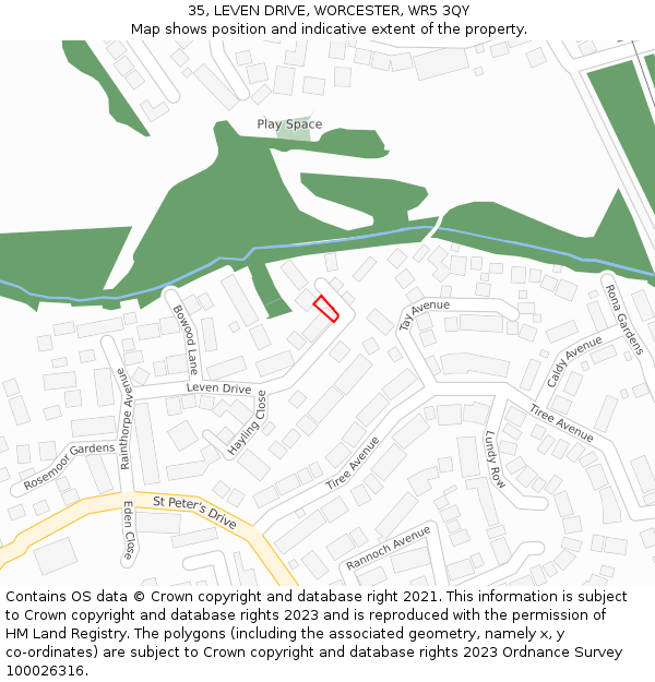 35, LEVEN DRIVE, WORCESTER, WR5 3QY: Location map and indicative extent of plot