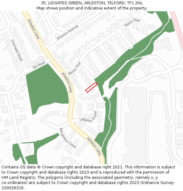 35, LIDGATES GREEN, ARLESTON, TELFORD, TF1 2NL: Location map and indicative extent of plot