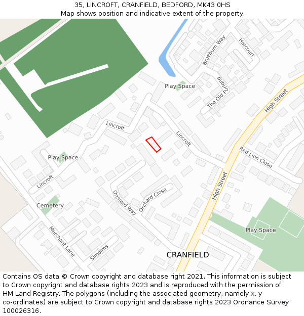 35, LINCROFT, CRANFIELD, BEDFORD, MK43 0HS: Location map and indicative extent of plot
