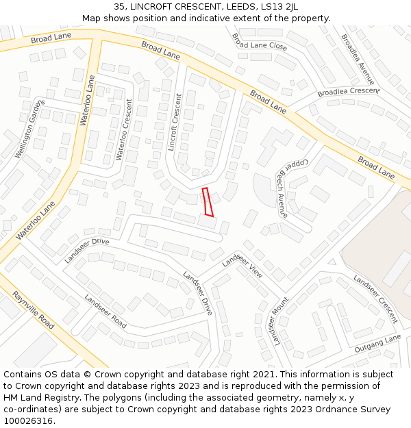 35, LINCROFT CRESCENT, LEEDS, LS13 2JL: Location map and indicative extent of plot