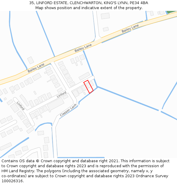 35, LINFORD ESTATE, CLENCHWARTON, KING'S LYNN, PE34 4BA: Location map and indicative extent of plot