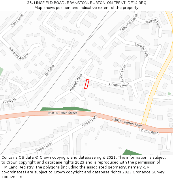 35, LINGFIELD ROAD, BRANSTON, BURTON-ON-TRENT, DE14 3BQ: Location map and indicative extent of plot